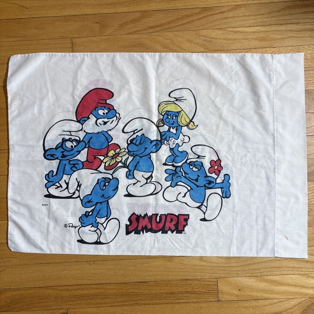 Vintage Smurf Pillow Case ~ 20" x 30" Papa Smurf, Smurfette - Some Stains